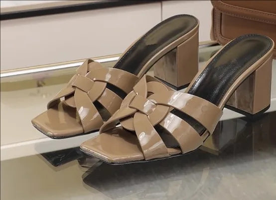 Knitted Square Heel Sandals With Slip On Soft Eva Insole Comfortable For Women