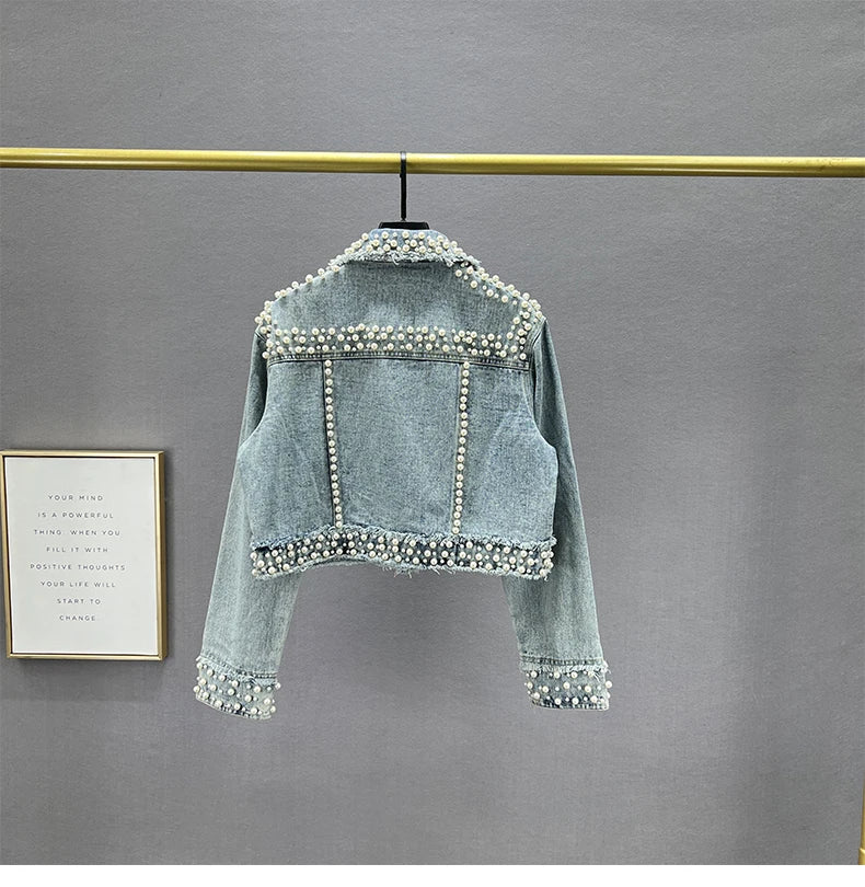 Rhinestone Studded Beaded Denim Lapel Jacket For Women