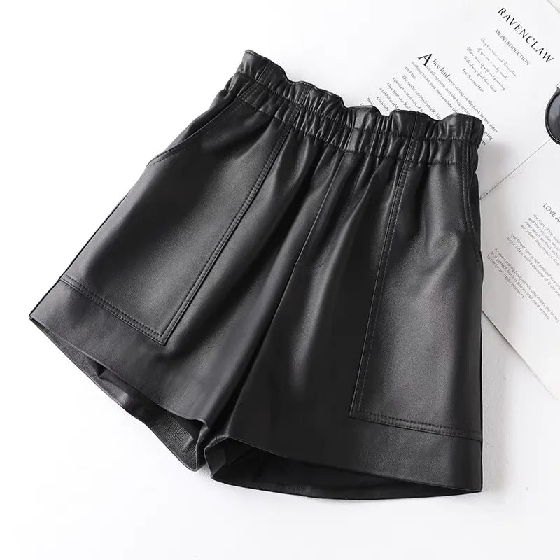 Genien Leather Shorts For Women 2025 New Fashion Elestic High Waist Short Pants Female Streetwear Shorts Casual Style