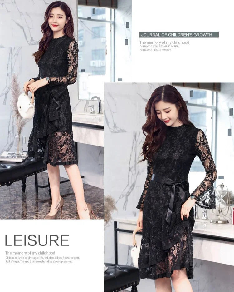 Midi Party Tight Women's Long Sleeve Lace Dresses Bodycon Prom Female Dress Corset Black Evening Elegant and Pretty Kpop Elastic