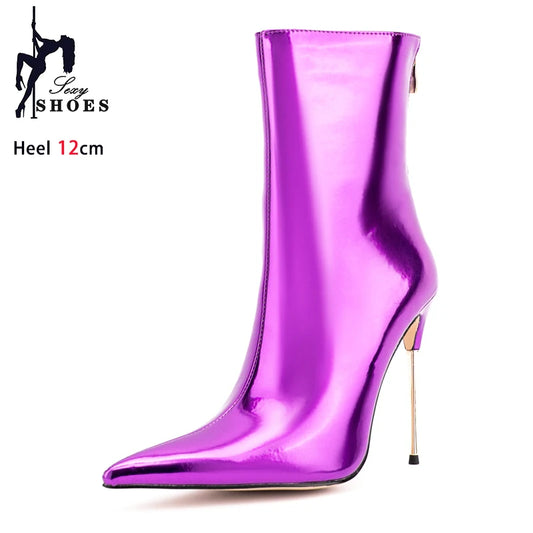 Blue Zippered Patent Stiletto Boots