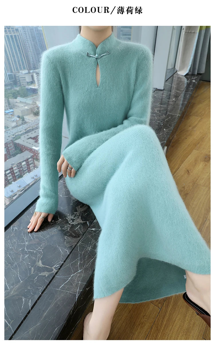 Cashmere Knit Dress with Stand Up Collar and Buckle for Women