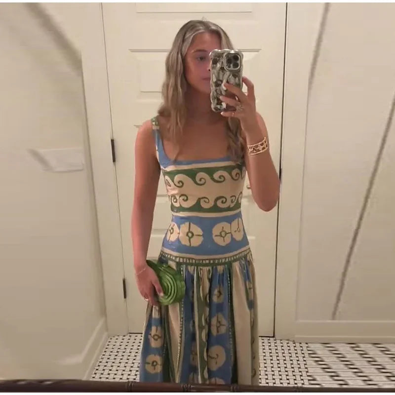 Printed Sleeveless Backless V Neck Midi Dress for Women