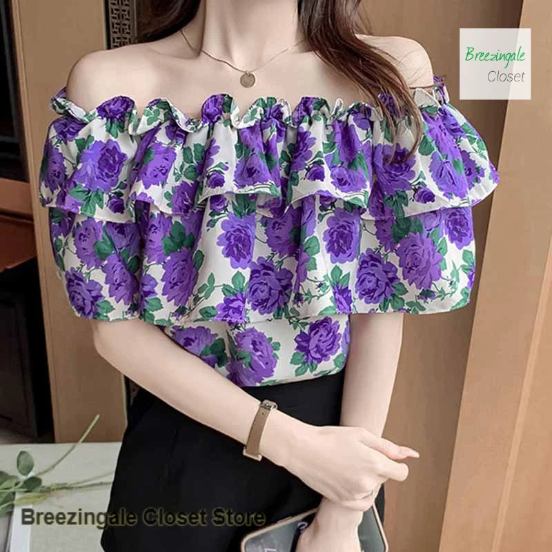 Casual French Style Floral One Shoulder Shirt For Women