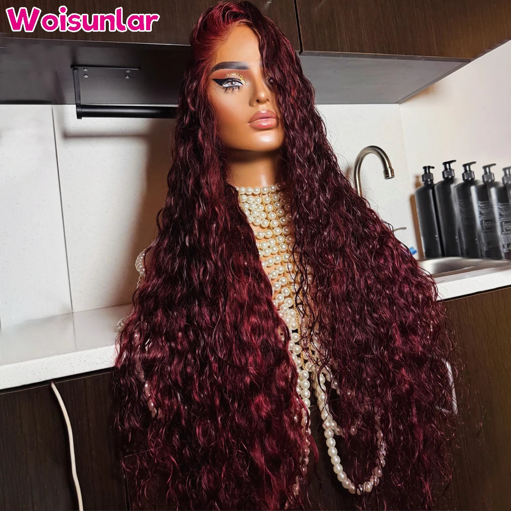 36 Inches dark 99j Lace Front Human Hair Wigs Jerry Curly Black Women13x4 Transparent Lace Natural colored human hair on sale