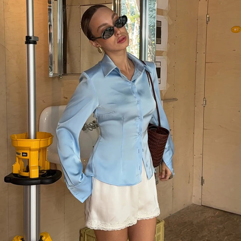 Elegant Satin Long Sleeve Button-Up Shirt for Women