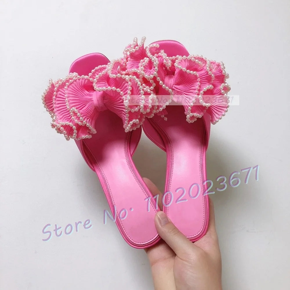 Satin Floral Open Toe Mules With Pearl Trim For Women