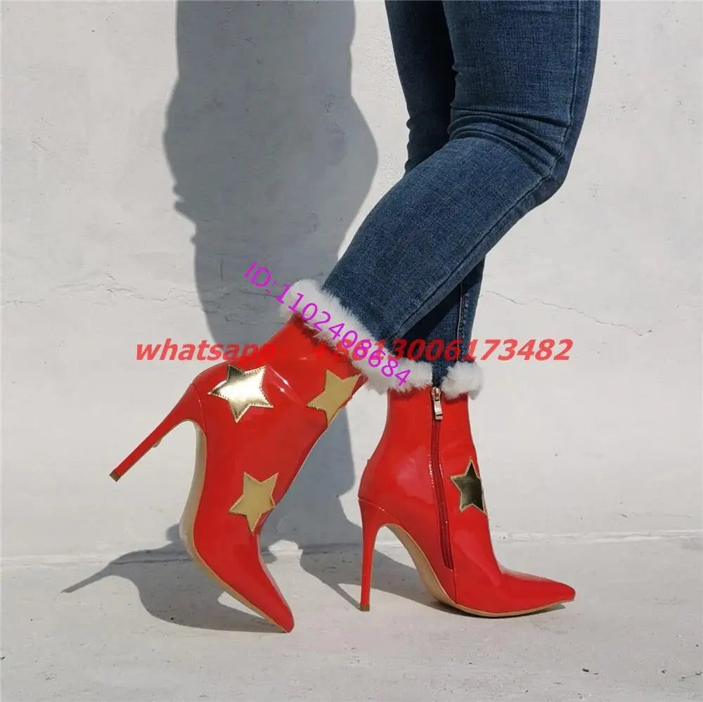 Woman Christmas Golden Star Patent Leather Pointed Toe High Heel Boots Plus Size 47 Woman Red Christmas High Heel Ankle Boots