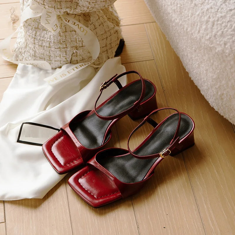 Summer Narrow Band Elegant Square Heel Sandals for Women