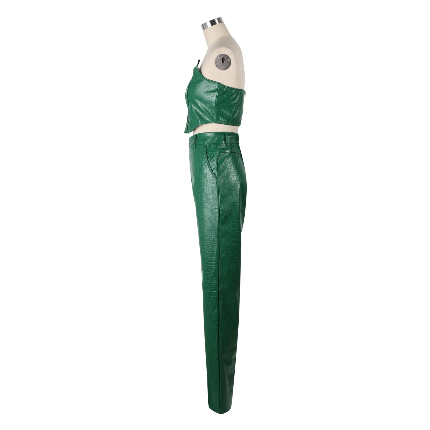 Green Faux Leather Corset Cut-Out Cargo Sleeveless Jumpsuit Set for Women