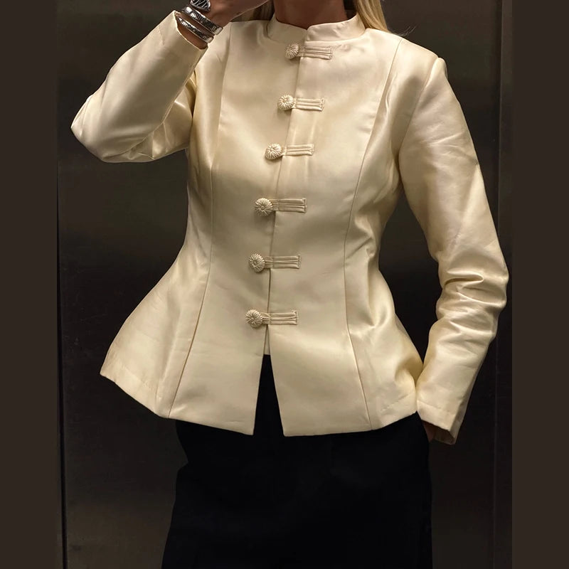 Chinese Knot Stand Collar Long Sleeve Jacket for Women