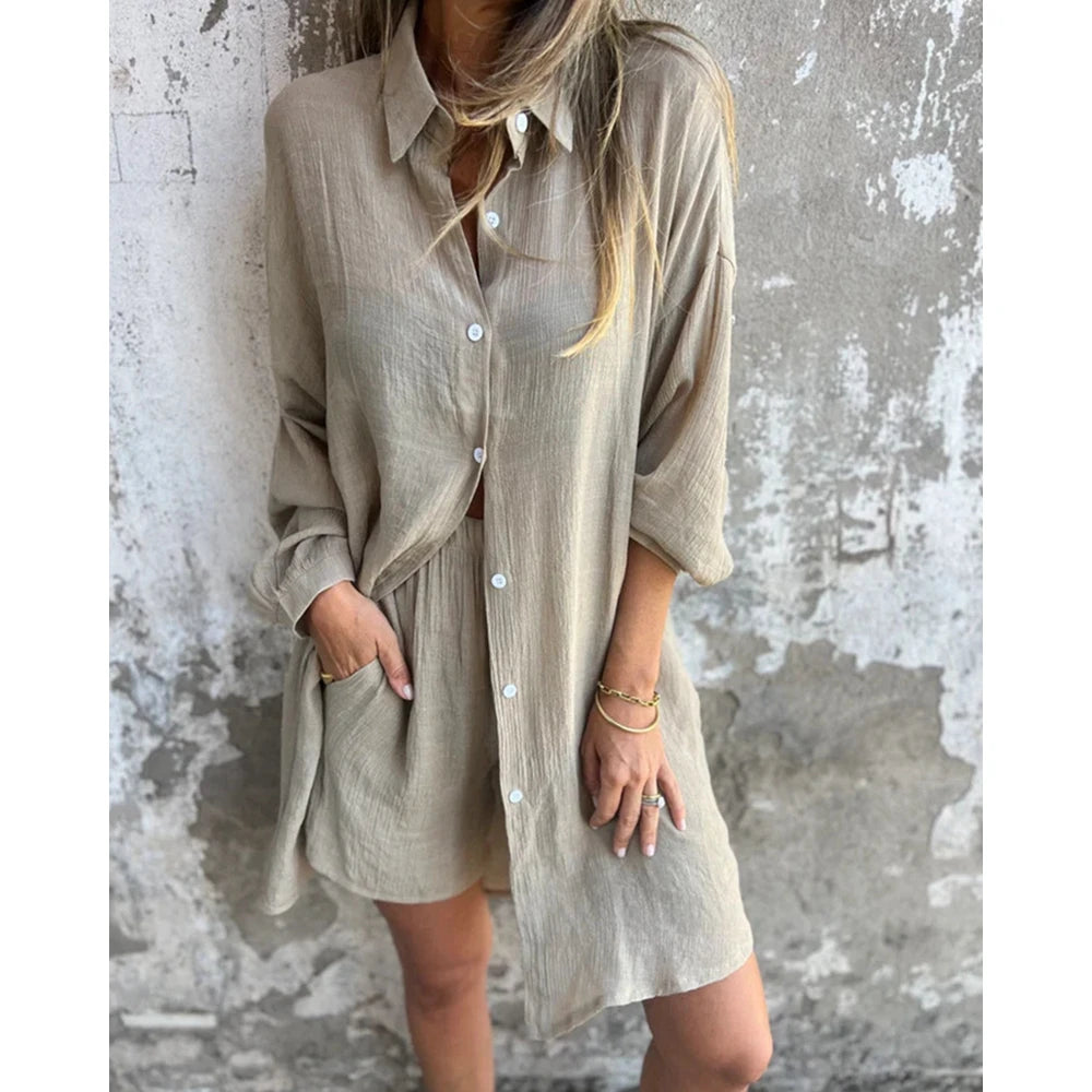 Ruched Turn-down Collar Long Sleeve Buttoned Top and Shorts Set Two Pieces Summer Outfits