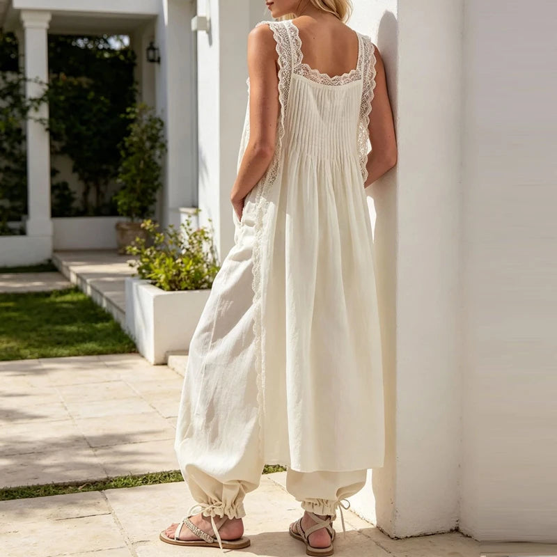 Lace Side Split Beach Pleated Solid Color Maxi Dress for Women