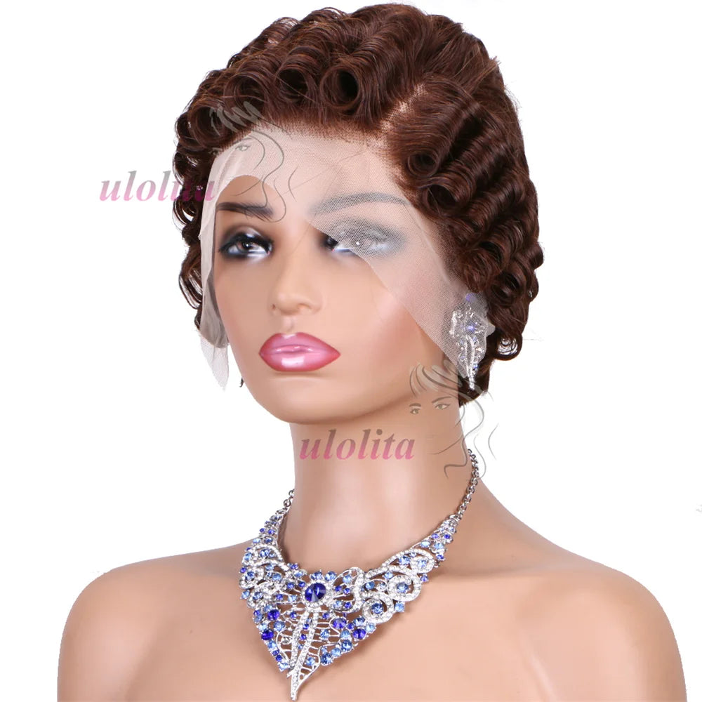 Chocolate Brown Pixie Cut Lace Front Human Hair Wig for Women