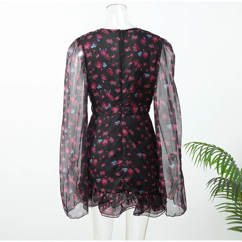 Floral Printed Ruffle Mini Dress with Deep V Neck for Women