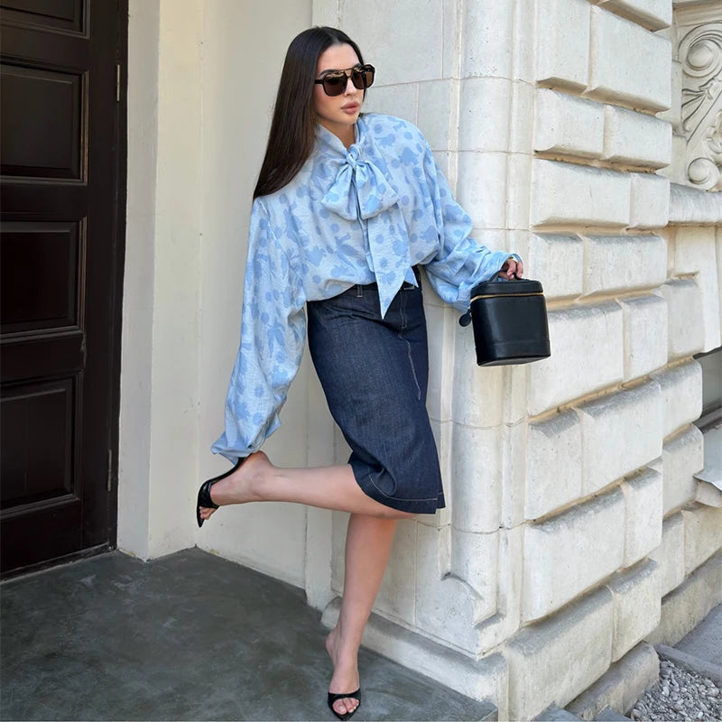 Elegant Printed Long Sleeve Lace Up Collar Blouse for Women