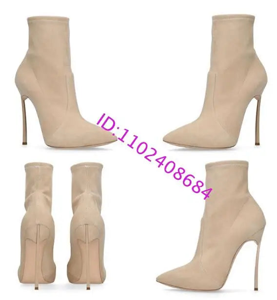 Spike High Heel Woman Ankle Boots Large Size Custom New Suede Pointed Toe High-Heeled Sexy Stretch Short Woman Boots