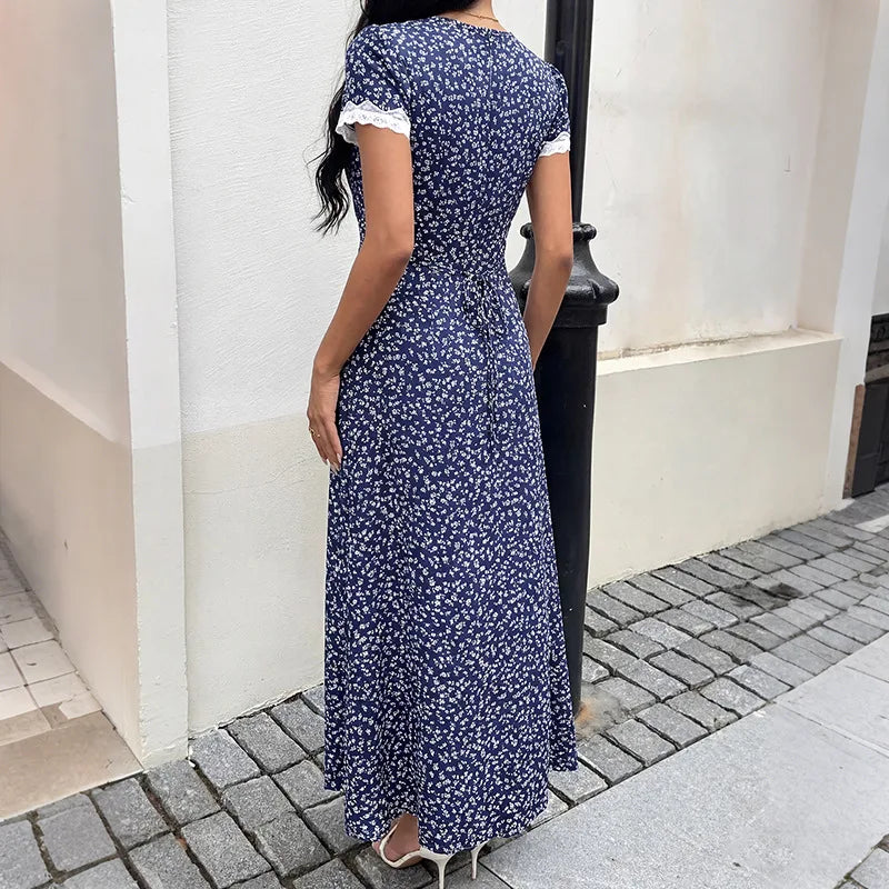 Elegant Patchwork Lace Midi Dress with Casual Print for Women