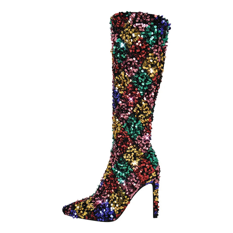 Winter Warm Pointed Toe Stiletto High Heel Mid Calf Faux Fur Boots for Women