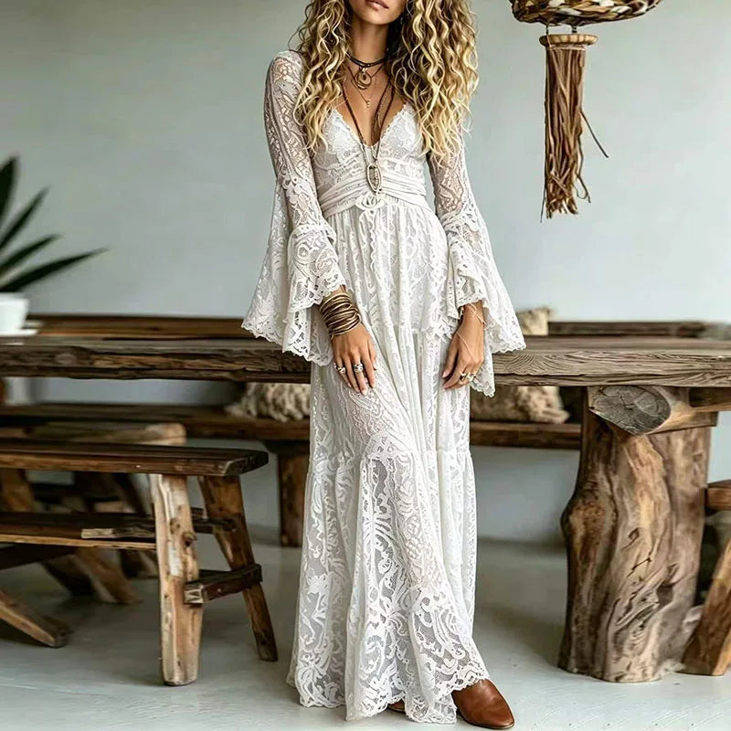 Elegant Deep V Neck Lace Embroidered Maxi Dress for Women