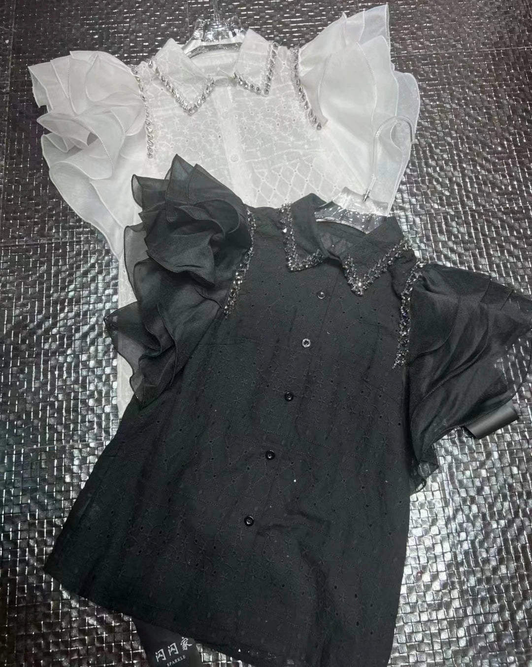 Diamond Stitch Jacquard Cotton Blouse With Ruffles for Women