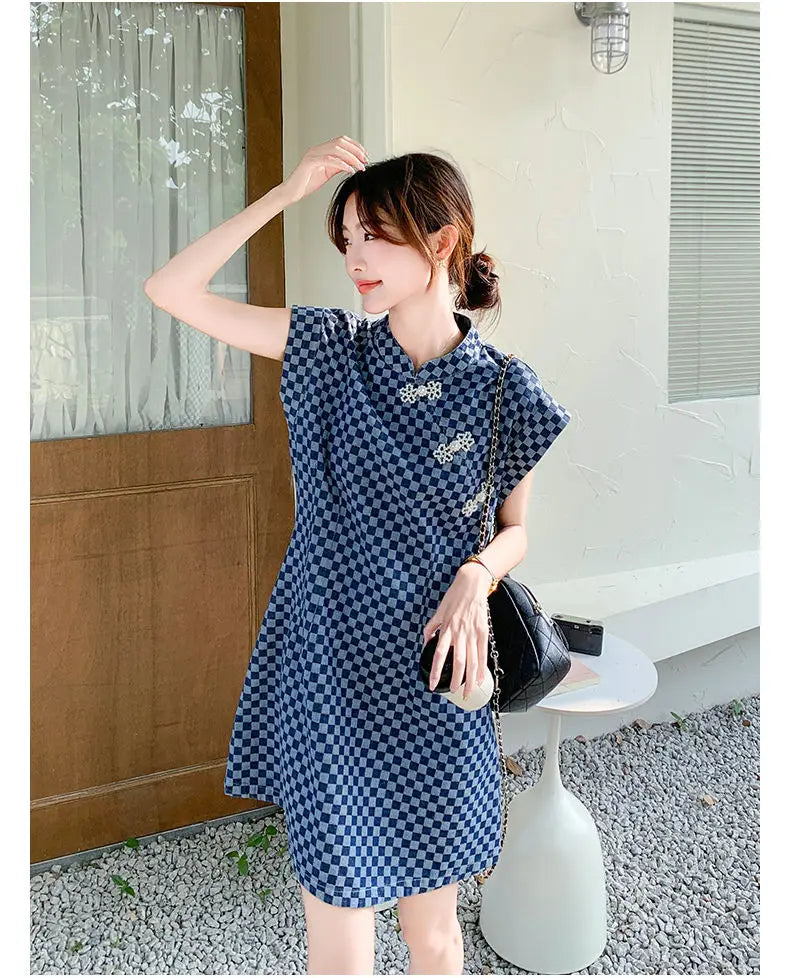 Checkered Ethnic Style Summer Lightweight A Line Dress for Women