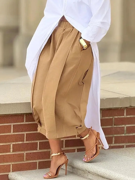 Beautyblue Women's Cropped Pants Khaki Wide-leg Pants 2025 Summer Loose Folds Pocket Elastic Waist Casual Sports Trousers Female