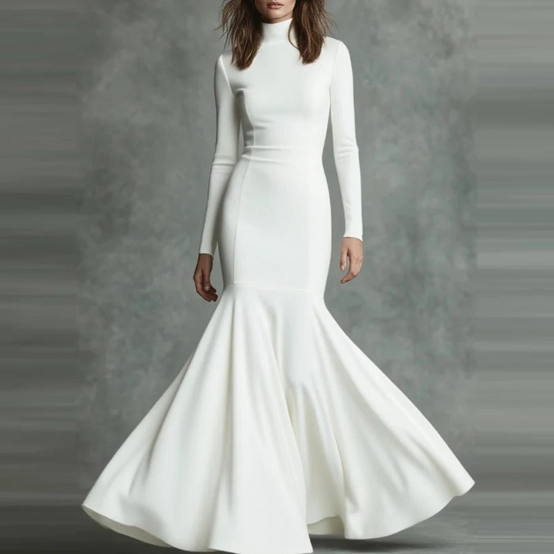Casual Long Sleeve Women's Long Dresses Fashion Turtleneck Solid Fishtail Dress Elegant Hight Waist Pleated Slim Fit Party Dress