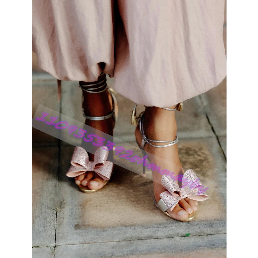 Rhinestone Bow Open Toe Ankle Wrap High Heel Sandals for Women