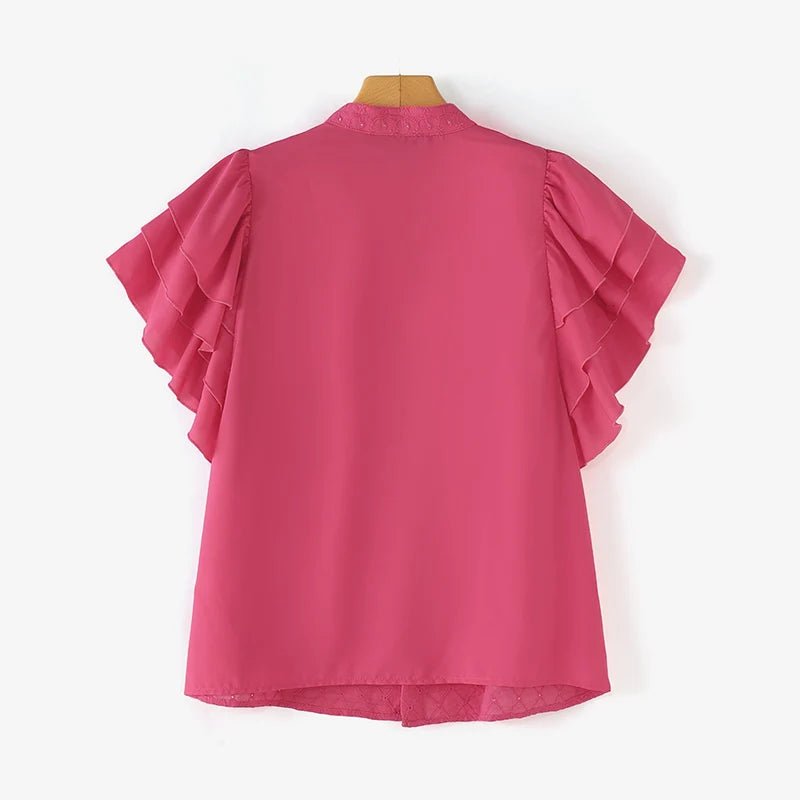 ZANZEA Korean Fashion Lace Shirt Women Ruffle Short Sleeves Tops 2024 Summer Designer Blouse Office Lady Lapel Neck Buttons Tops