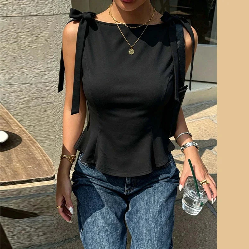 Lace Up Bow Detail Round Neck Sleeveless Top For Women