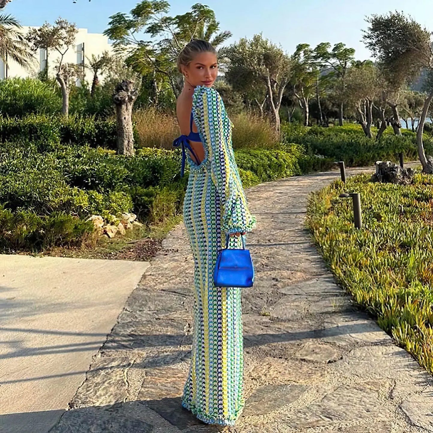 Sexy Backless Flare Sleeve Lace Knit Cut Out Party Beach Maxi Dress 2025 Summer Women Vacation Beachwear Swimsuit Cover Up A2815