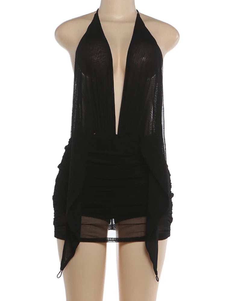 Backless Halter Ruched Deep V Neck Dress for Women