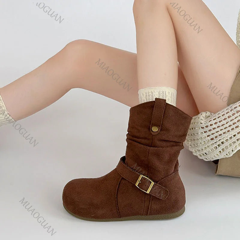Retro Suede Buckle Slip On Western Ankle Boots for Women