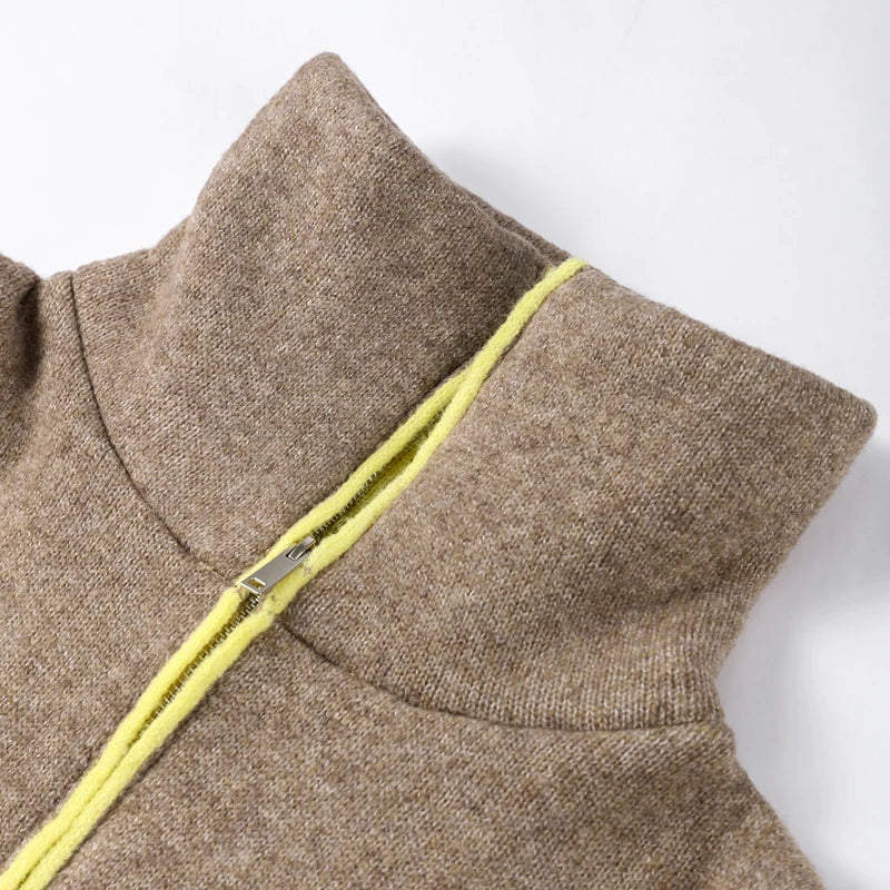 Fuzz Yellow Contrast Long Sleeve With Zipper Coat for Women