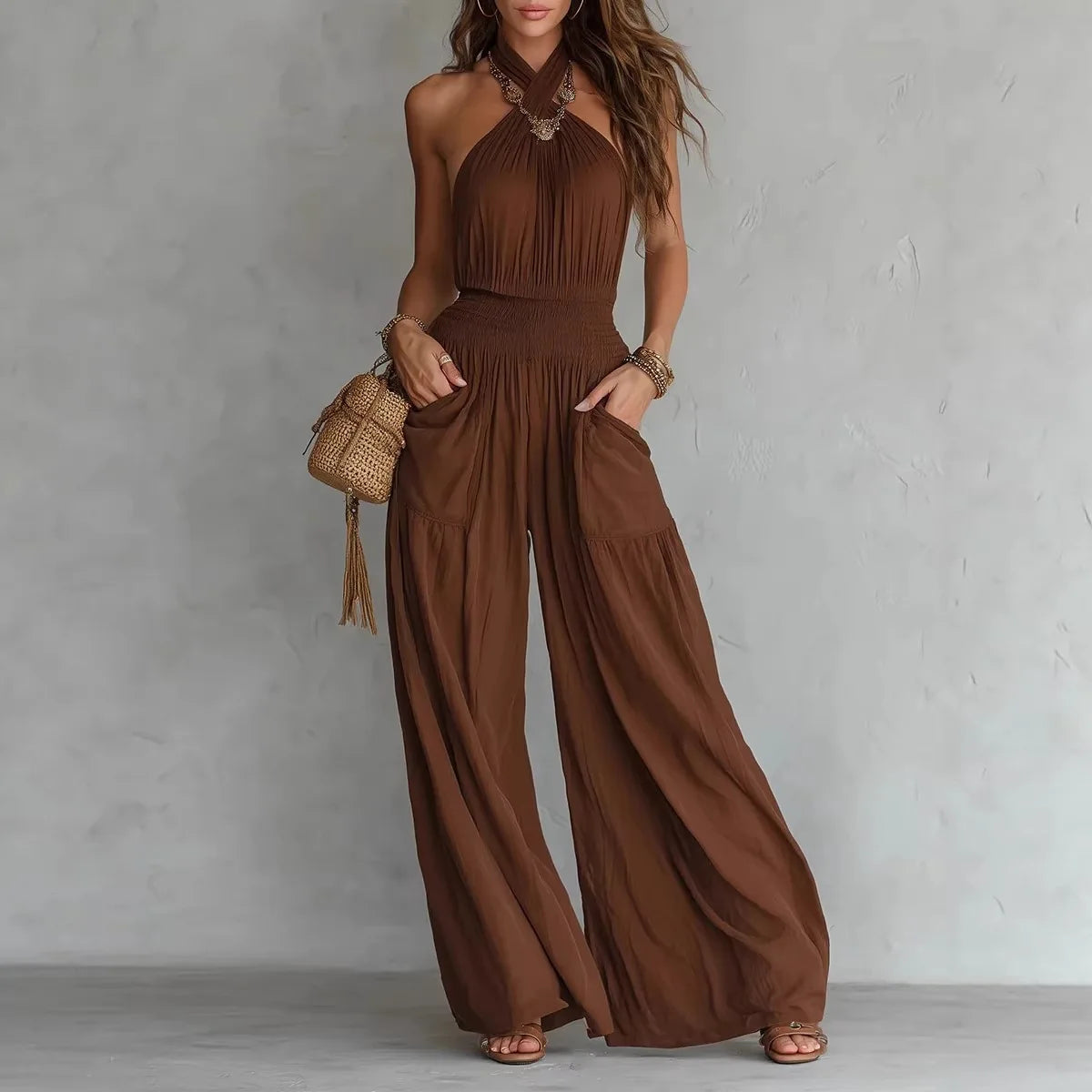 Halter Neck Solid Color Smocked High Waist Wide Leg Pockets Jumpsuit for Women