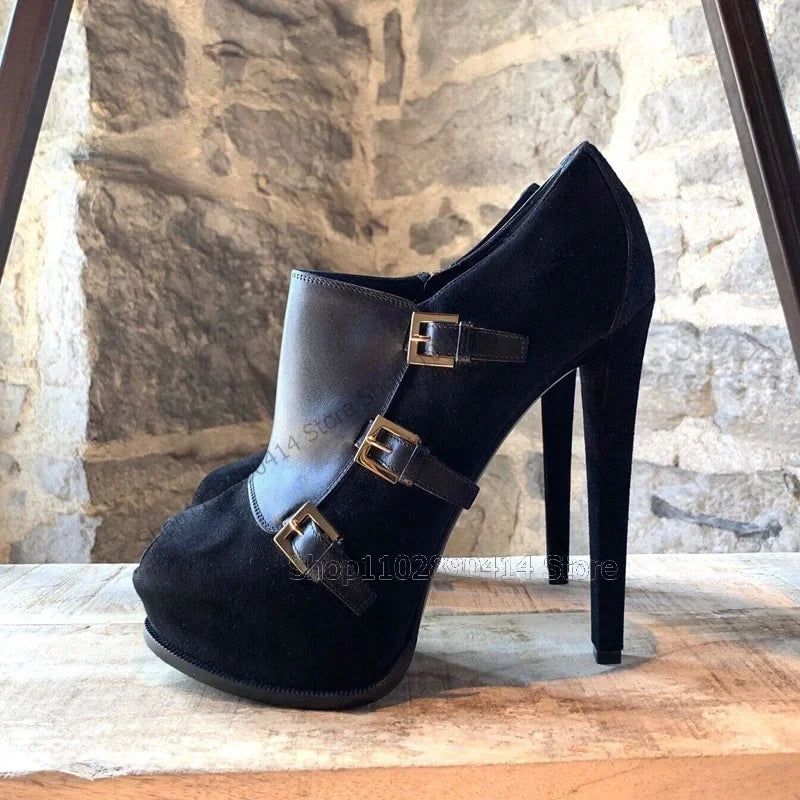 Black Patchwork Peep Toe Pumps With Side Zipper For Women