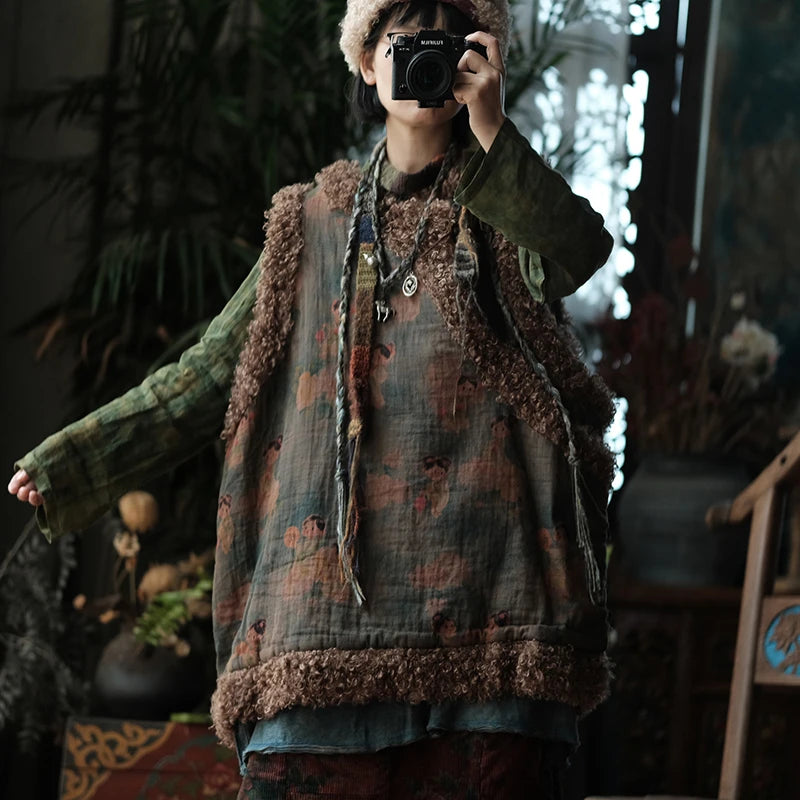 Winter Vintage Cartoon Print Knit Vest Coat for Women