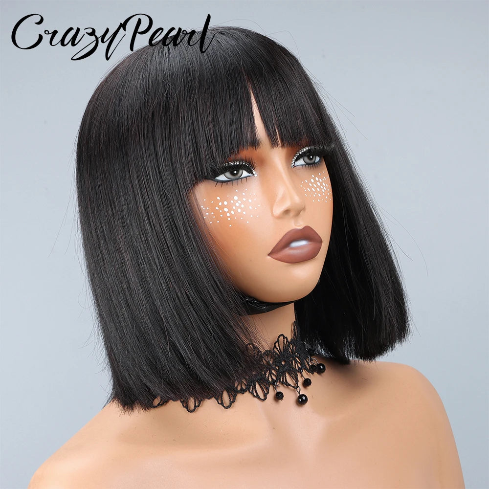 Straight Short Bob Human Hair Wig with Bangs for Women