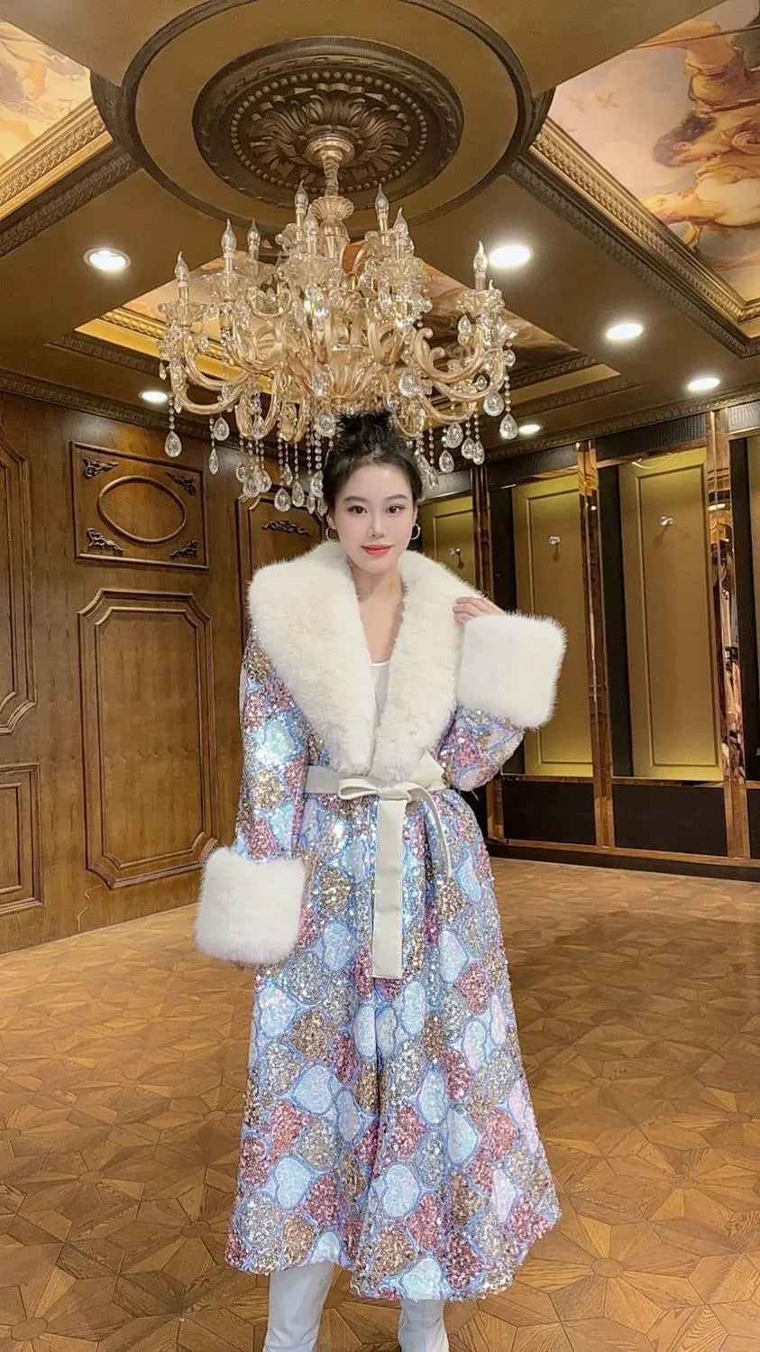Faux Fur Coat for Women,Adjustable Waist Long Jacket,V-Neck Outwear,Sequins,Spliced,Luxury,Autumn and Winter