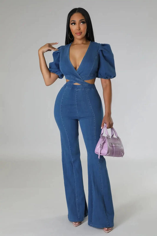 Wide Leg Denim Jumpsuit Sexy Women V-neck Elegant Blue Hollow Out Jeans Casual Romper Overalls