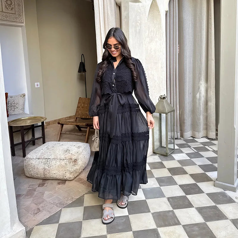 Embroidered maxi Dress Women Lapel Hollow Fashionable Short Sleeve Belt High Waist long Dresses Female Summer Chic robe