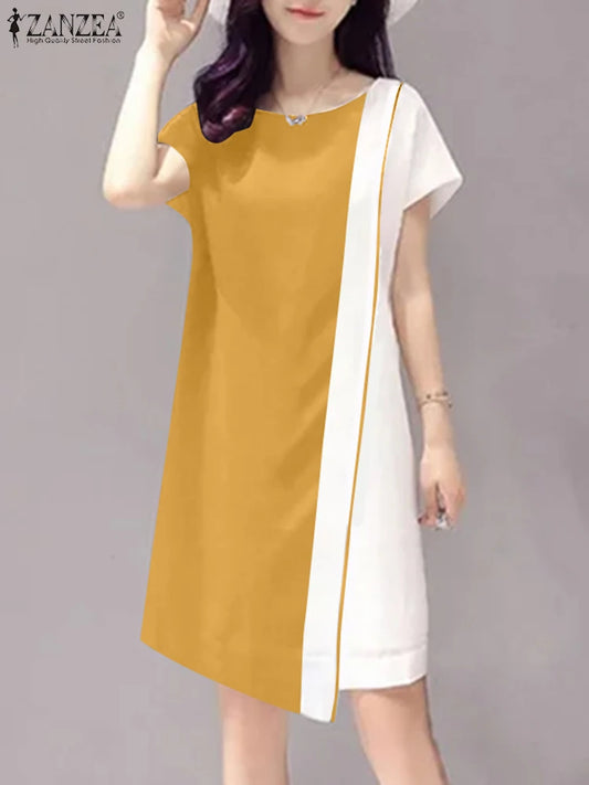 ZANZEA Women Colorblock Mini Dress Casual Asymmetrical Solid Vestido Fashion Summer Short Sleeve Robe Vintage Stitching Sundress