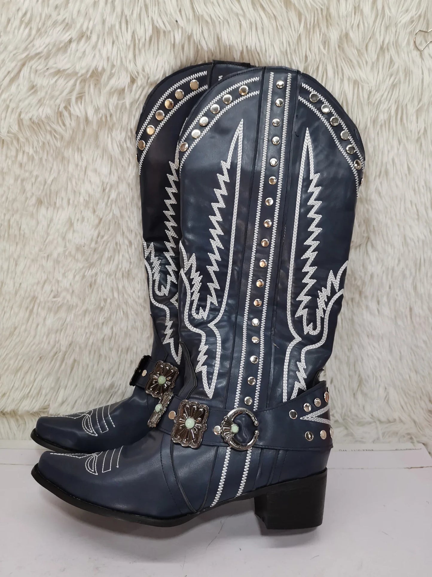 Cowboy Boots Knee High Rivet Leather Fashion Luxury Concise Elegant Sexy Pointed Toe Square Heels Side Zipper Women Shoes Newest