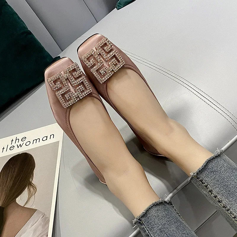 Rhinestone Buckle Square Toe Slip On Flats for Women