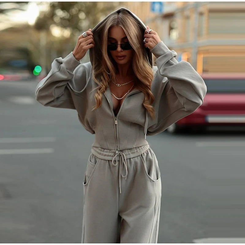 Zip Up Corset Hoodie And Wide Leg Sweatpants Two Piece Set For Women