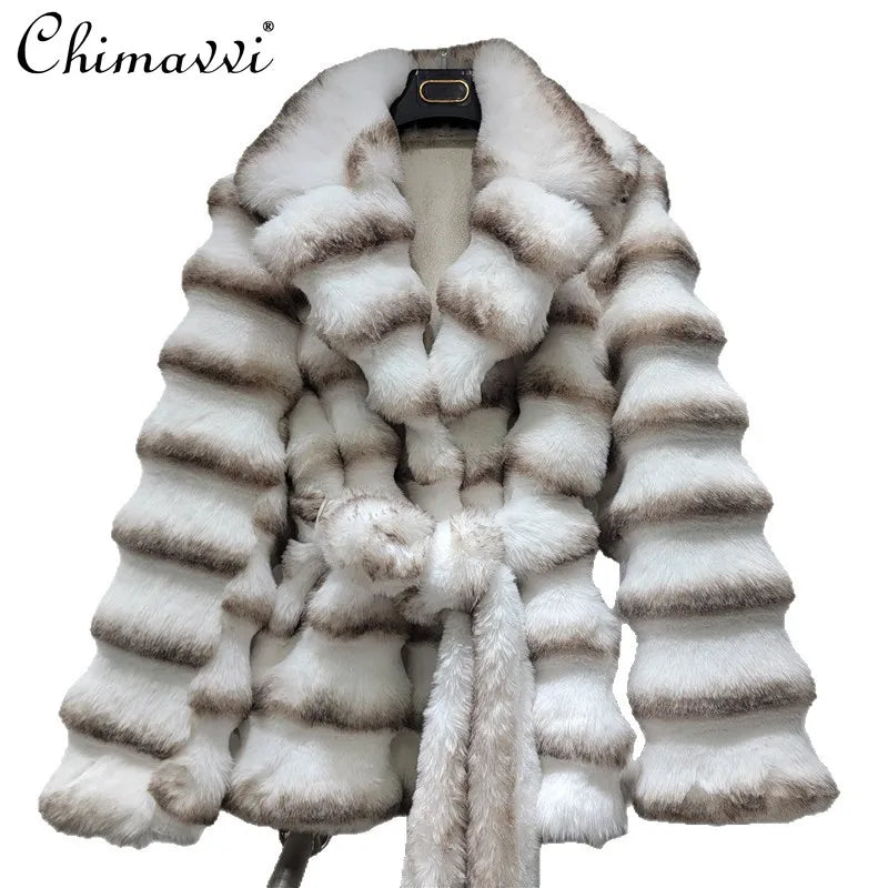 Autumn Winter Fashion Light Luxury Large Lapel Eco-Friendly Faux Fur Plush Coat Women Heavy Craft Long Sleeve Elegant Jackets