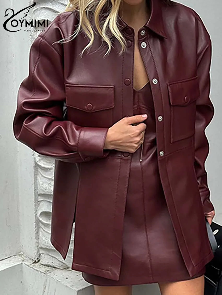 Oymimi Fashion Wine Red Pu Leather Women's Two Pieces Set Elegant Long Sleeve Button Shirts And Spaghetti Strap Mini Dress Sets