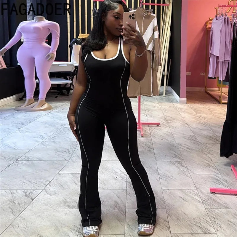 FAGADOER Fashion Striped Patchwork Bodycon Jumpsuits Women Sleeveless Backless Hollow Out Rompers Female Streetwear Overall New