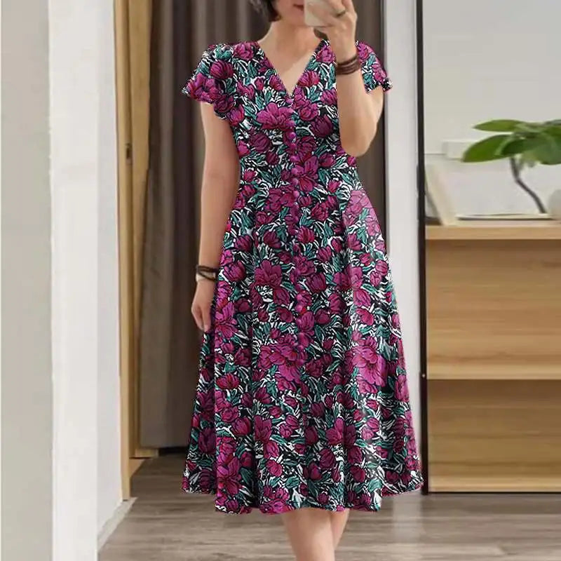 Floral V-Neck Ruffle Sleeve Midi Dress
